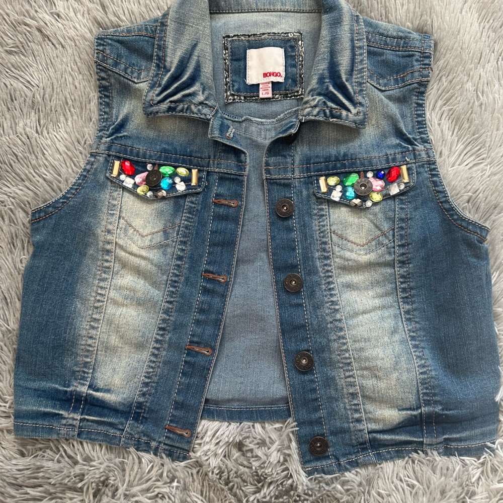 BONGO Blue Vest with Distressed Details and Colorful Embroidery - Picture 2 of 5